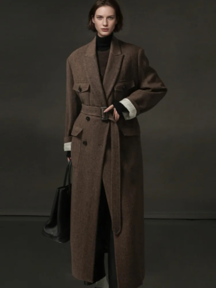 DFDG Herringbone Pattern Right Angled Shoulder n Temperament Cashmere Woolen Coat Autumn Winter For Women 241213