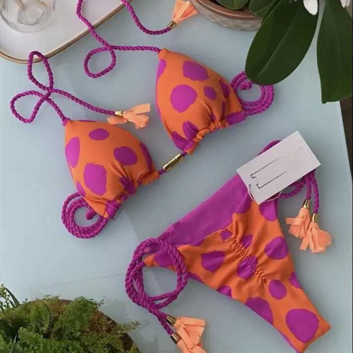 New womens sexy printed rope bikini split swimsuitXJ250324