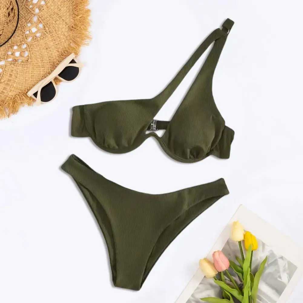 Two-piece Swimsuit Set Stylish One-shoulder Bikini Set with High Waist for Women Solid Color Beachwear Swimwear with UnderwireXJ241212