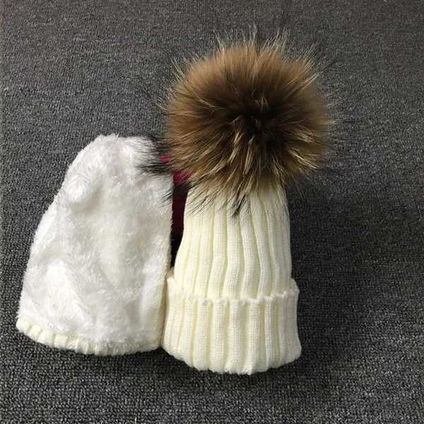2024 kids winter hats Fahion Skullies Knitted hat kids beanies boy girls Real Raccoon fur pompom hats set children hats scarfXJ241213