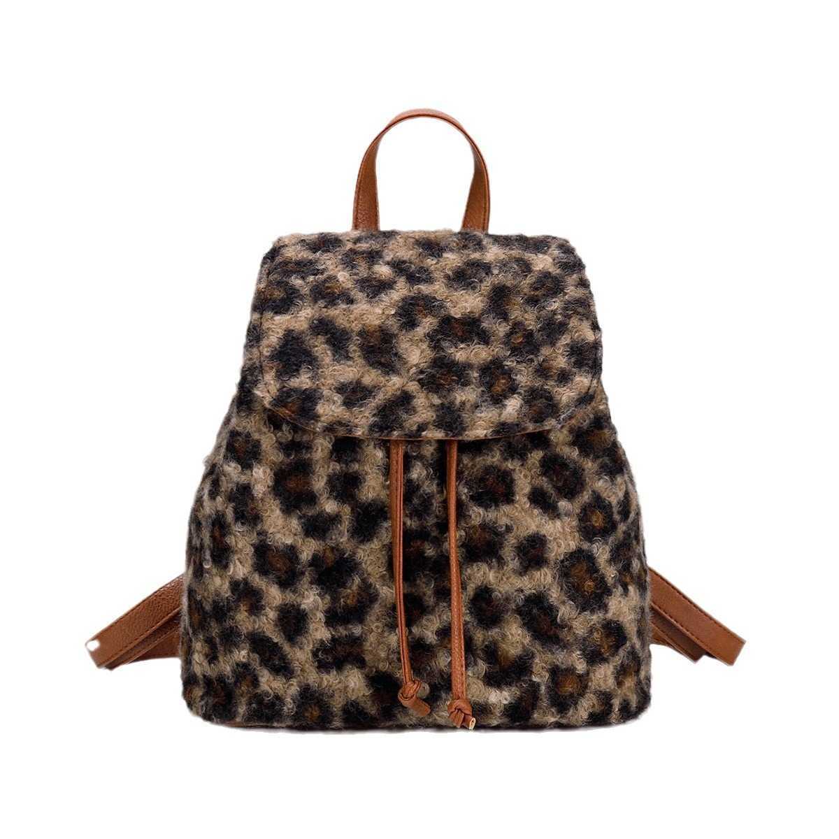 autumn winter leopard print backpack plush women's bag fashionable and high-end sense niche women's backpack 241215