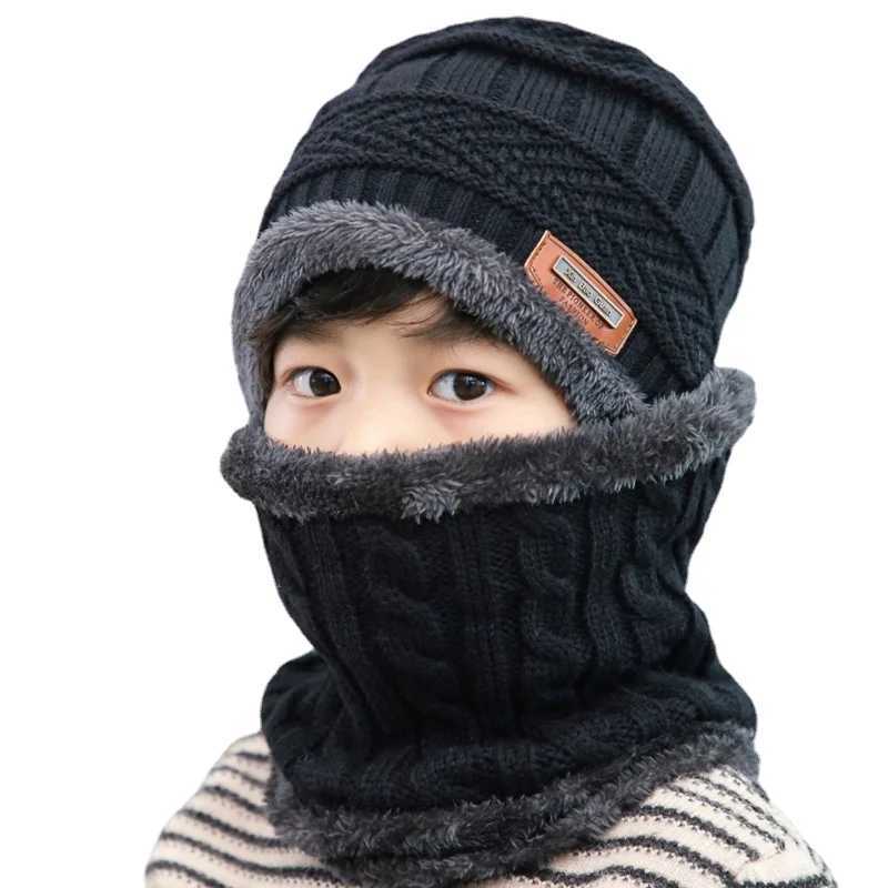 Children 2pcs Hat Scarf Sets Baby Warm Winter Hats Boys Girls Knitted Velvet Linning Beanie Caps Bonnet Ski Balaclava for KidsXJ241213