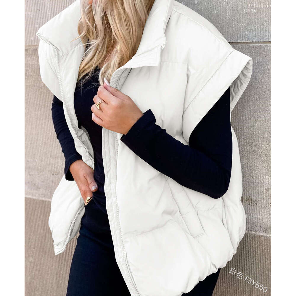 European And American Women's New Solid Color Zipper Pocket Stand Up Collar Cotton Coat Vest Commuting Jacket Fashionable Quality Classic