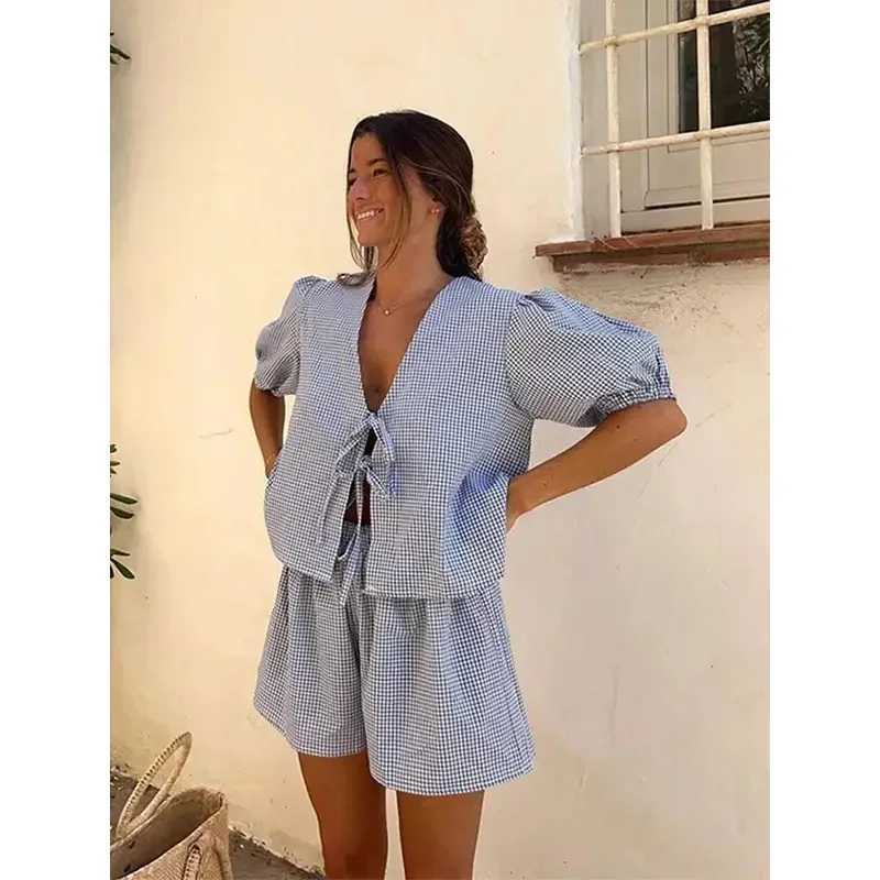 Women's Two Piece Pants Jinias summer trendy plaid lace up Shorts 2 piece set women 2024 fashion loose cropped tops short pants ladies short suit