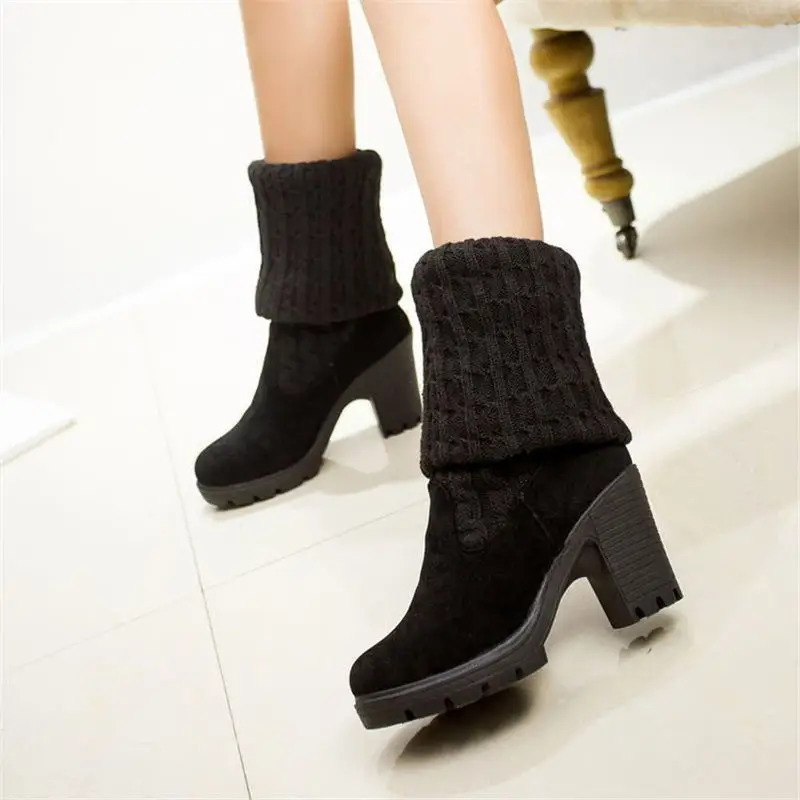 Winter Warm Womens Boots Womens Knee High Heels Thick Knitted High Heels Dome Womens High Heels Large Size 35-40 241213