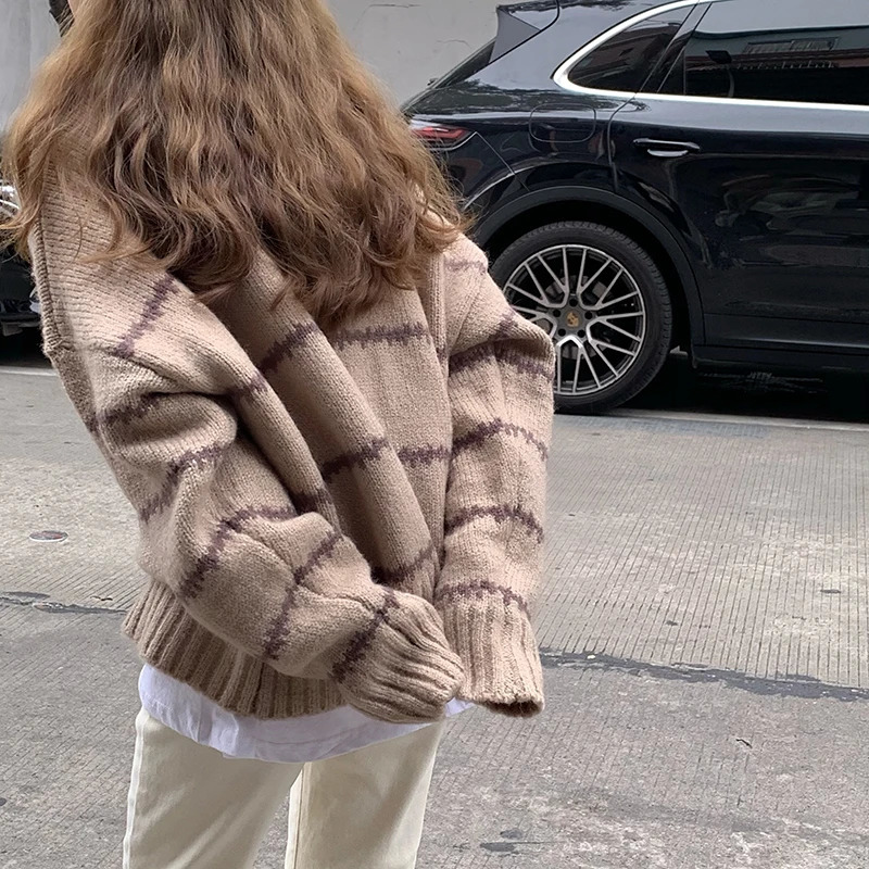 Women Sweater Casual Pullovers Autumn Winter Basics Knitted Korean Loose Striped Oneck Long Sleeve Elegance Sweet 241203