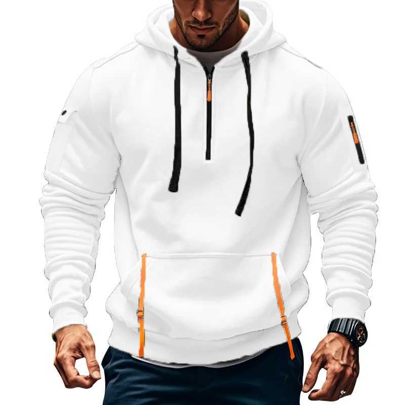 Autumn and Winter New Mens Outdoor Sports Tooling Wind leisure comfortable solid color arm pocket zipper long-sleeved hoodie W241213