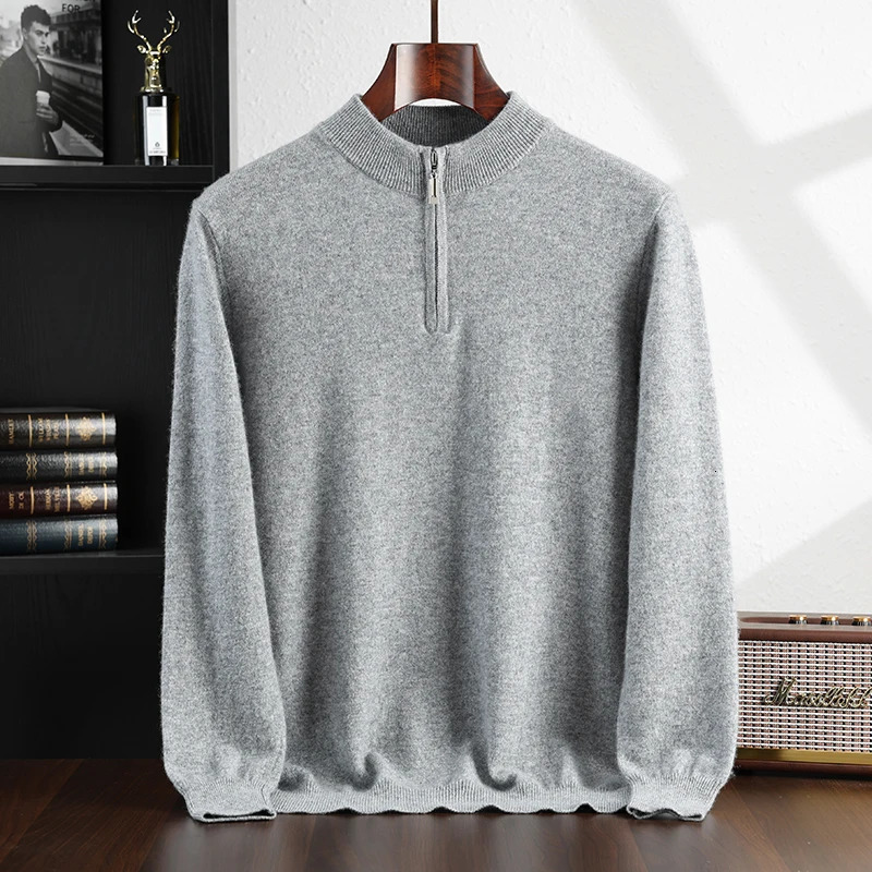 Autumn and Winter Collection 100% Cashmere Mens Casual Half Zipper High Collar Solid Color Sweater for Men 241213