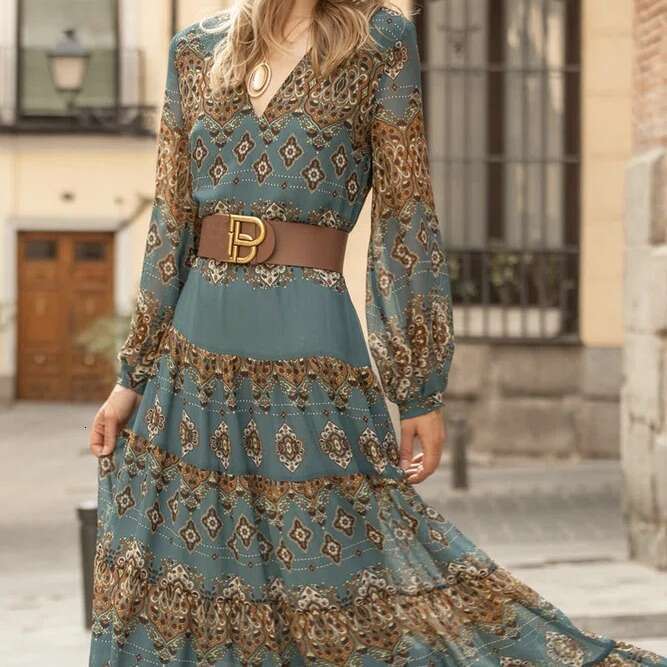 European And American Sleeved V-Neck Waist Cinching Slimming A-E Baroque Printed Dress Elegant Large Swing Long Skirt With Belt Fashionable Quality Cl