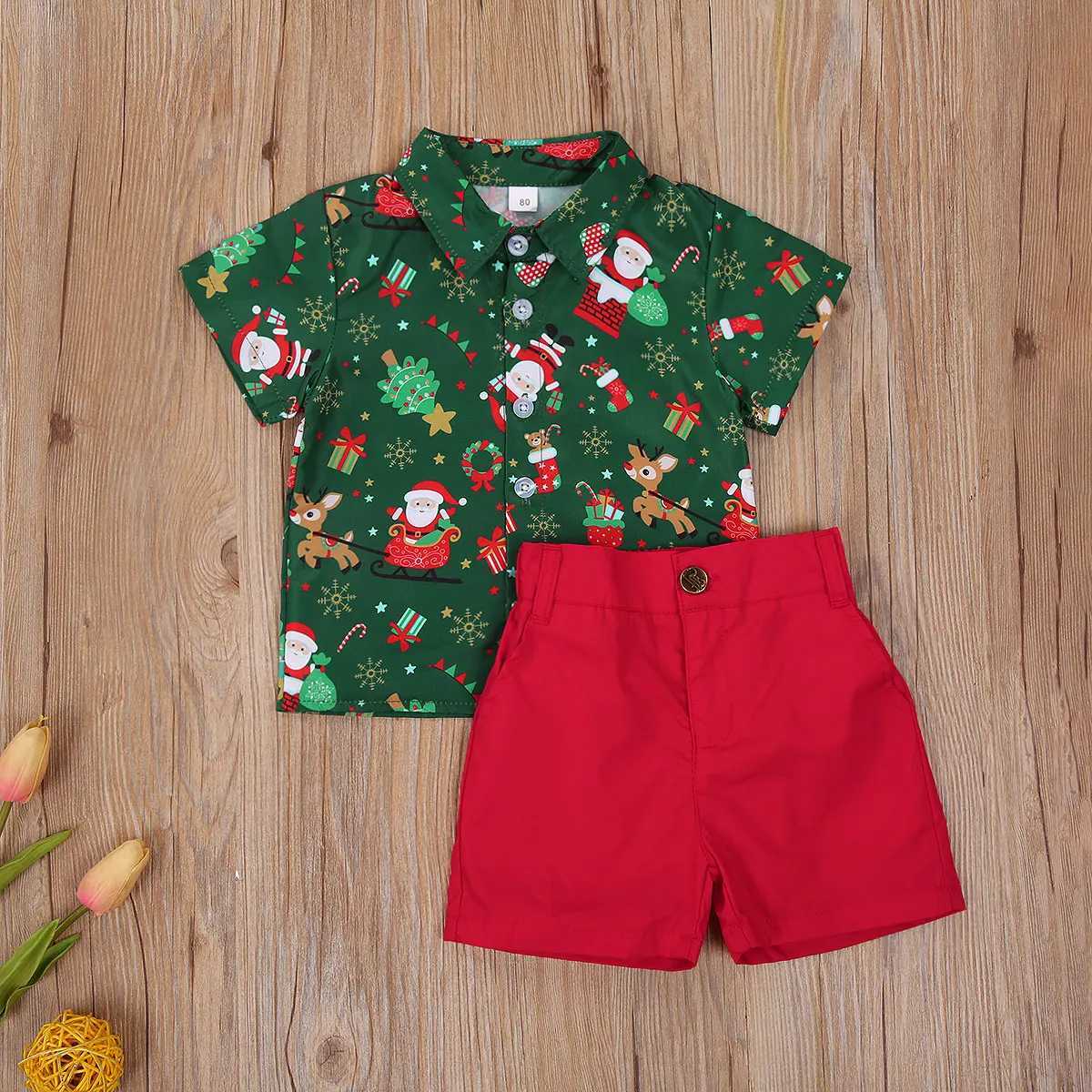 1-6Y Christmas childrens boys clothing set baby cartoon long sleeved shirt with bow pendant shorts wrapped in party Christmas costumes W241213