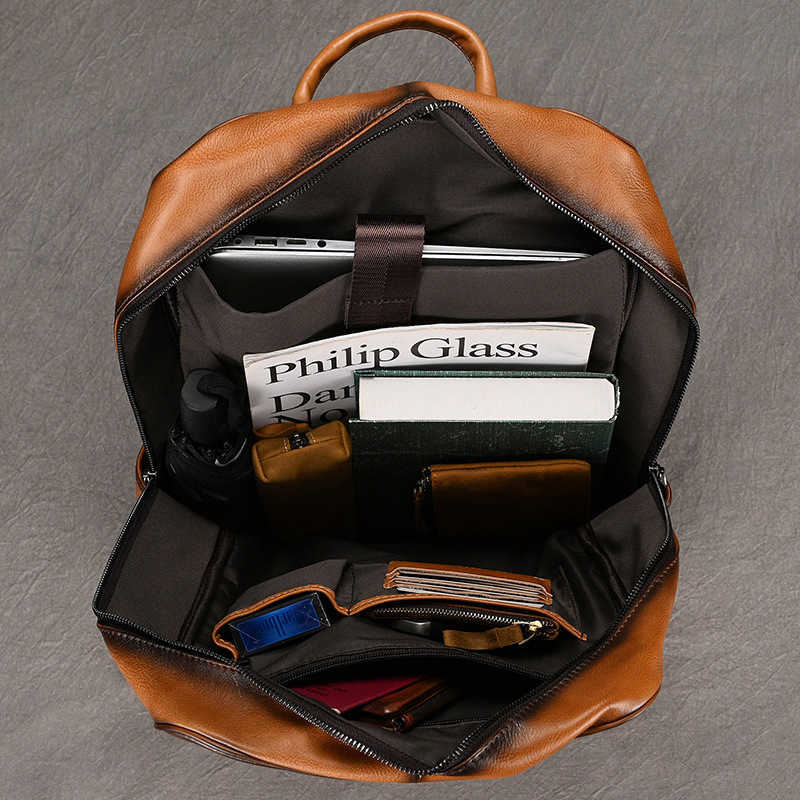 men's polished leather backpack computer bag tree cream leather top layer cowhide backpack 241215