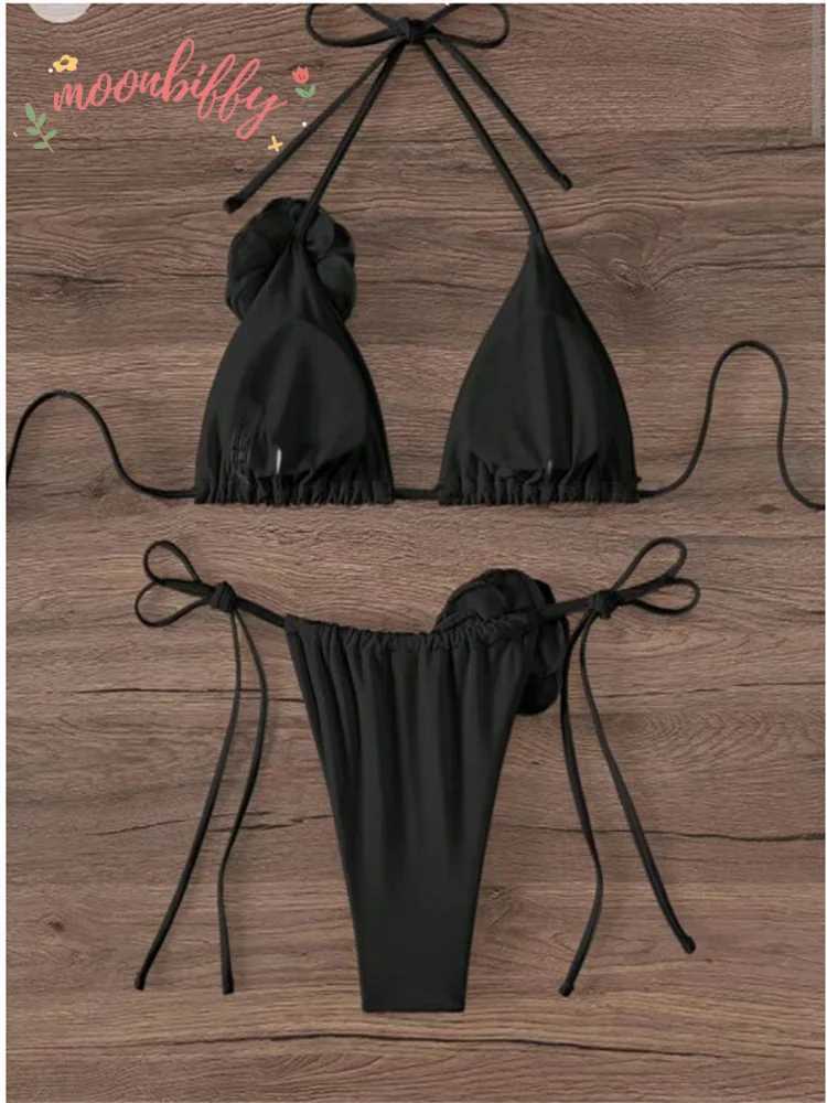Sexy Bikini Set Women Swimsuit Black White 3D Floral Print Micro Bikinis Brazilian Cutout Beach Bathing Suit Thong SwimwearXJ241212