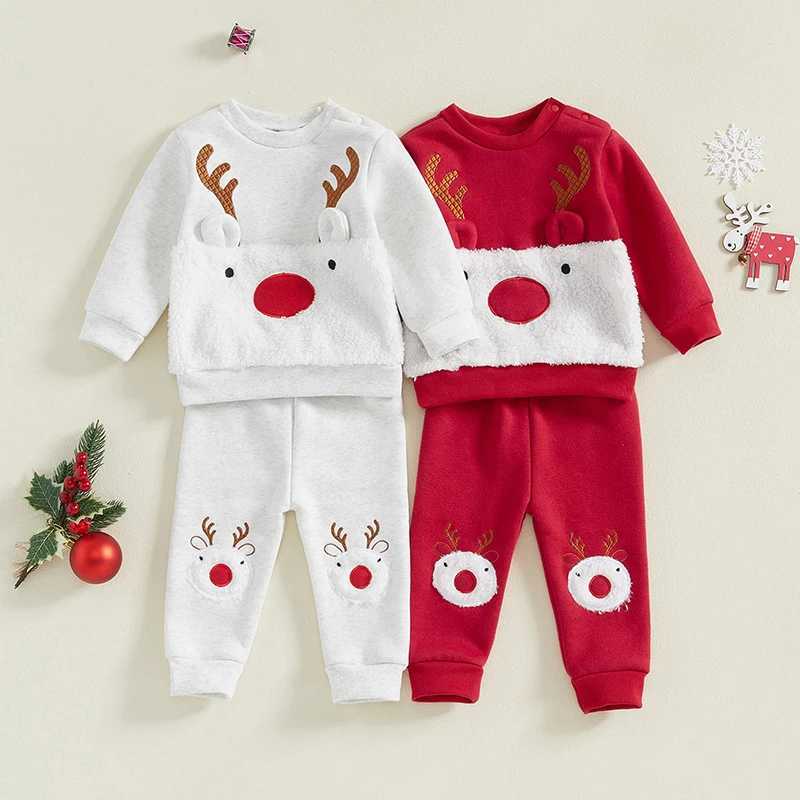 Pudcoco Preschool Girl Boy Christmas Set reindeer embroidery long sleeved crew neck sweatshirt elastic waist pants 2PCS set 0-3T W241213