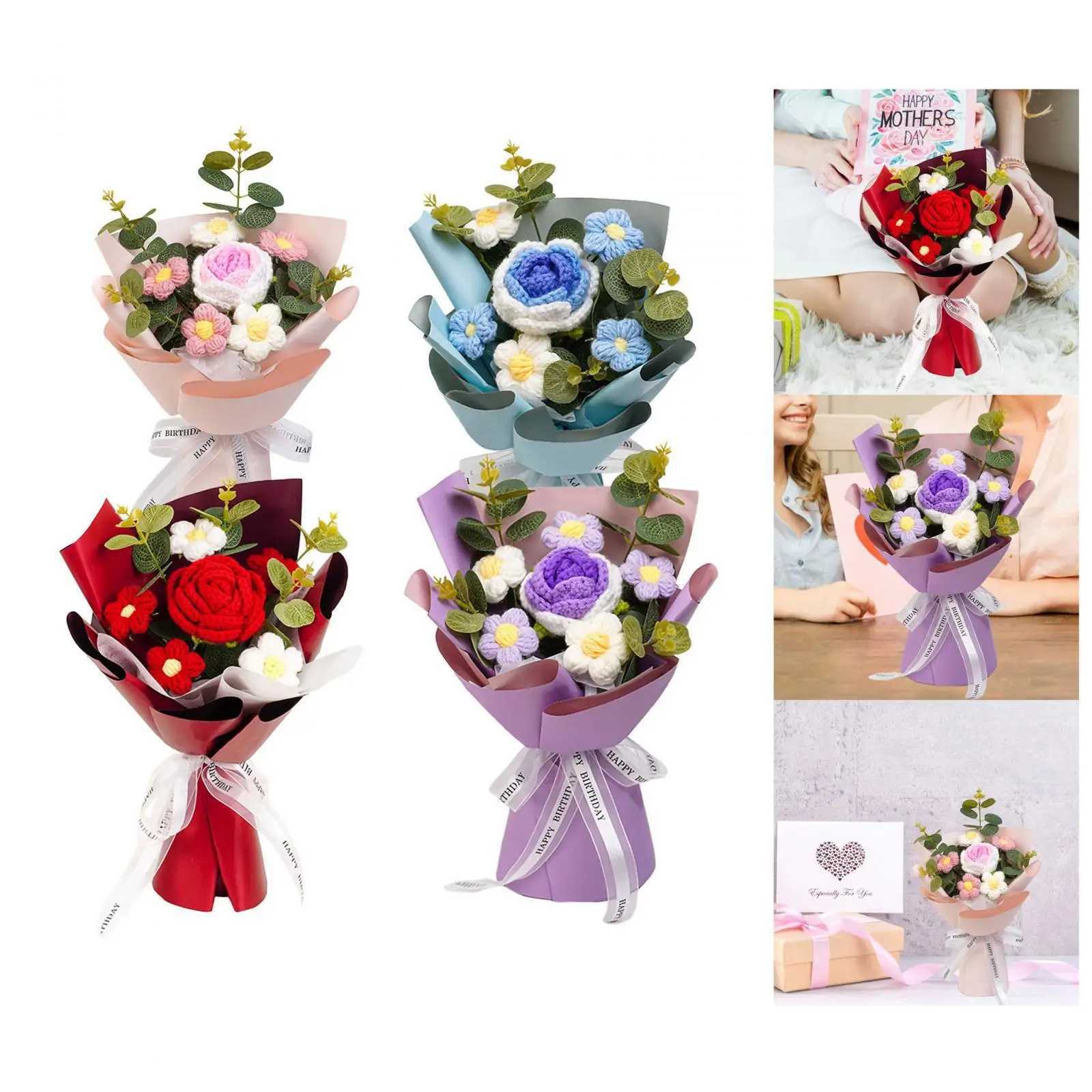 Crochet Flower Bouquet Knitted Flower Artificial Flowers Preserved Flower for Anniversary Birthday Teacher Day Mom GrandmaXJ241212