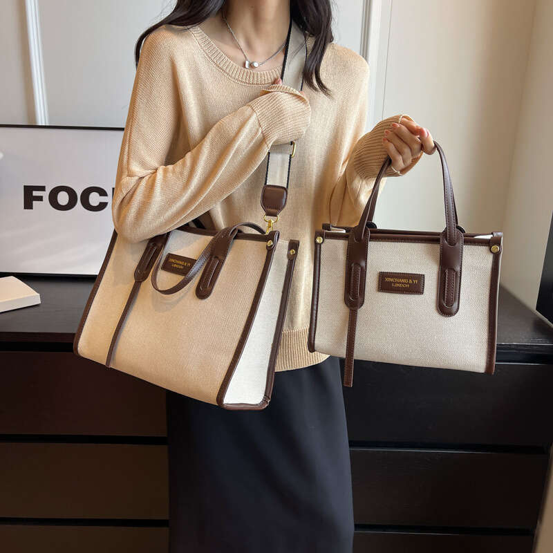 Large Capacity Hand-Held Women's New Trendy Canvas Contrasting Tote Daily Commuting Single Shoulder Crossbody Bag, Fashionable Quality Classic