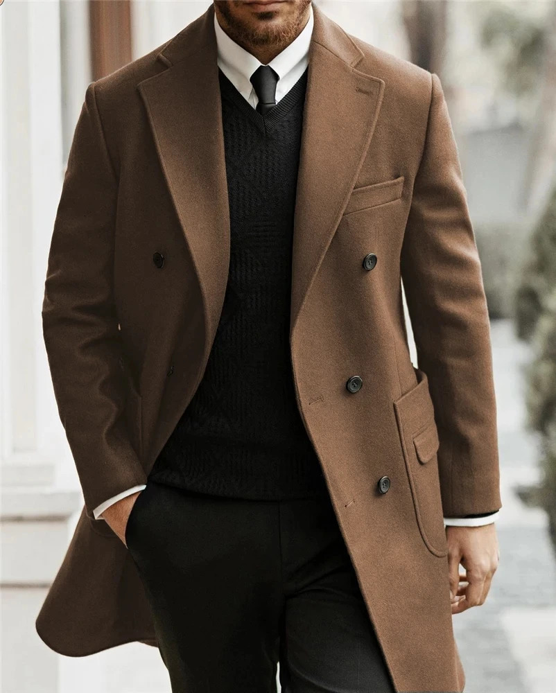Classic Man Trench Coat Notched Lapel Full Terno Fashion Double Breasted Elegant Gentleman Long Mens Winter Jacket 241213