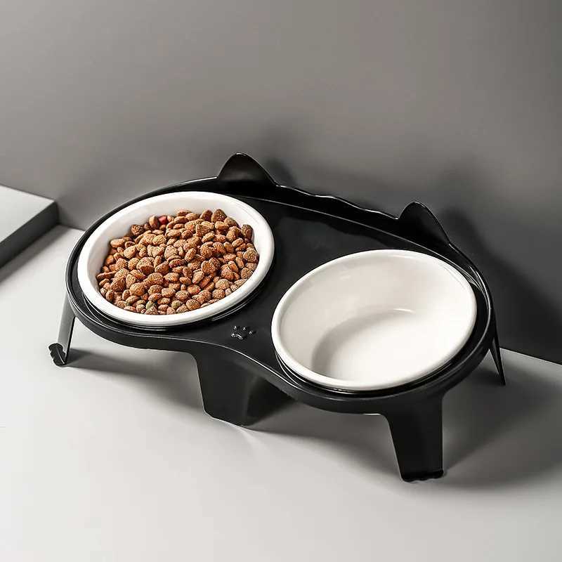 Cat Feeders Cat Double Ceramic Bowl with Plastic Stand Pet Elevated Raised Food Water Bowls Small Dogs Drinking Eating Feeding Supplies z241213