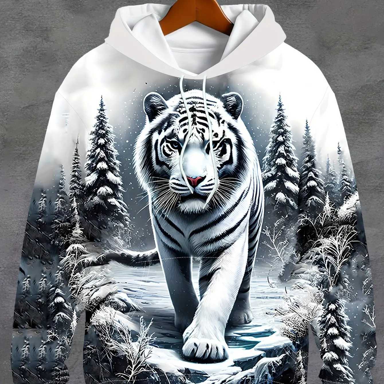 Mens Hoodie Loose Hoodie Fashion Tiger 3D Printed Pattern Top 2024 New Autumn Mens Hoodie Y2k Mens Sportswear W241213