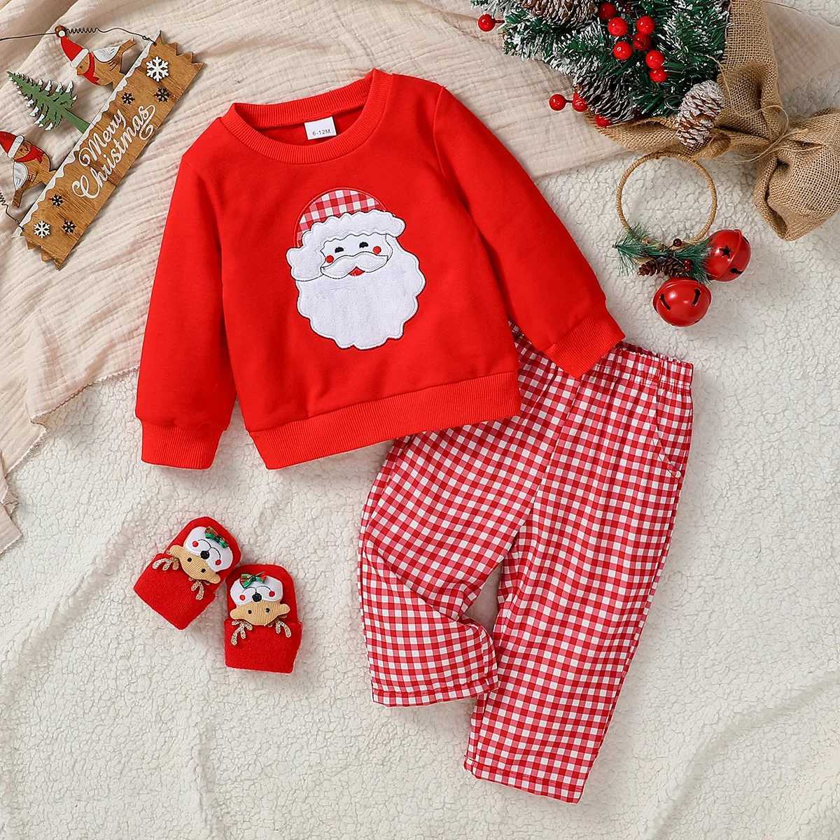 2024 New Baby Gilrs Autumn/Winter 6M-4Y Christmas Baby Preschool Clothing Set Santa Claus Embroidered Top Flat Pants W241213