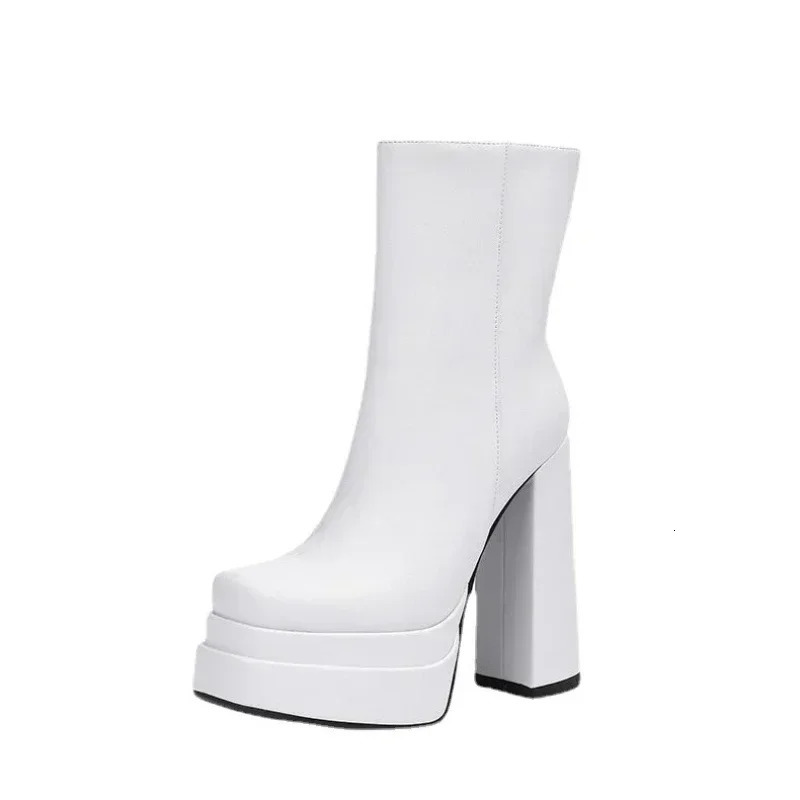 Winter thick high heels toenail shoes womens punk style zipper thick platform elastic ultra-fine fiber boots Botines Mujer 204 241213