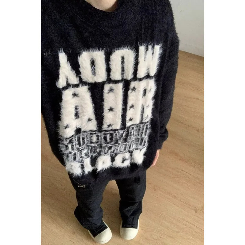 oimg Netmap American Mink Fur Letter Loose For Men Couple Autumn And Winter Lazy Knit Sweater 241213