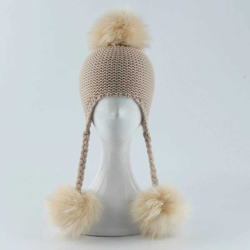 Winter Baby Beanie Hat Children Earflap Cap Kids 3 Pompom Fur Wool Hat Natural Real Fur Pom Hat For Girls BoysXJ241213