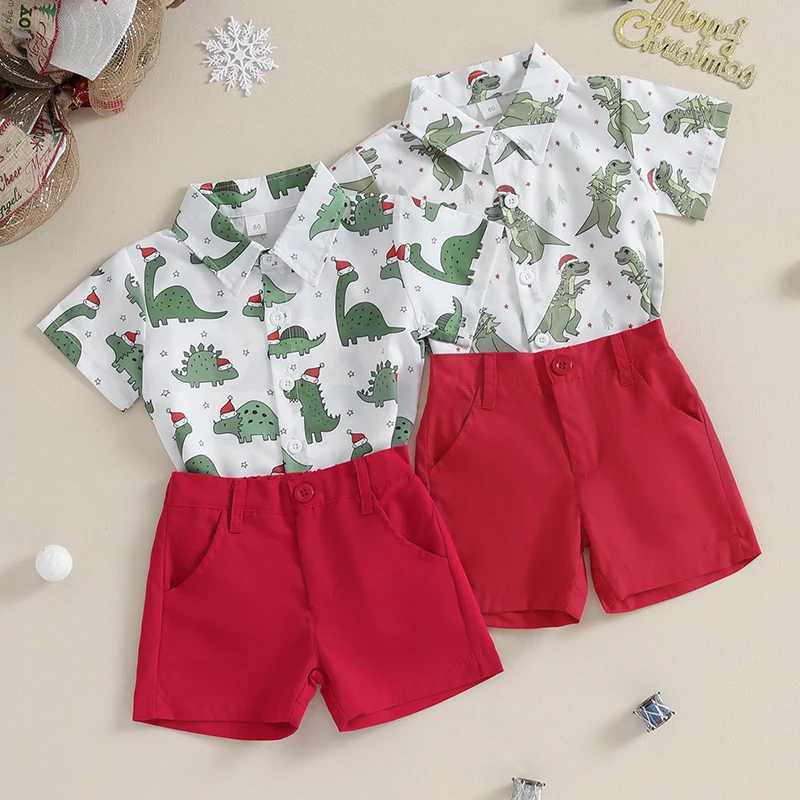 FOCUSNORM Christmas Preschool Baby Boy Clothing Set 0-4Y Dinosaur Printed Short Sleeve Single Chest Shirt W241213