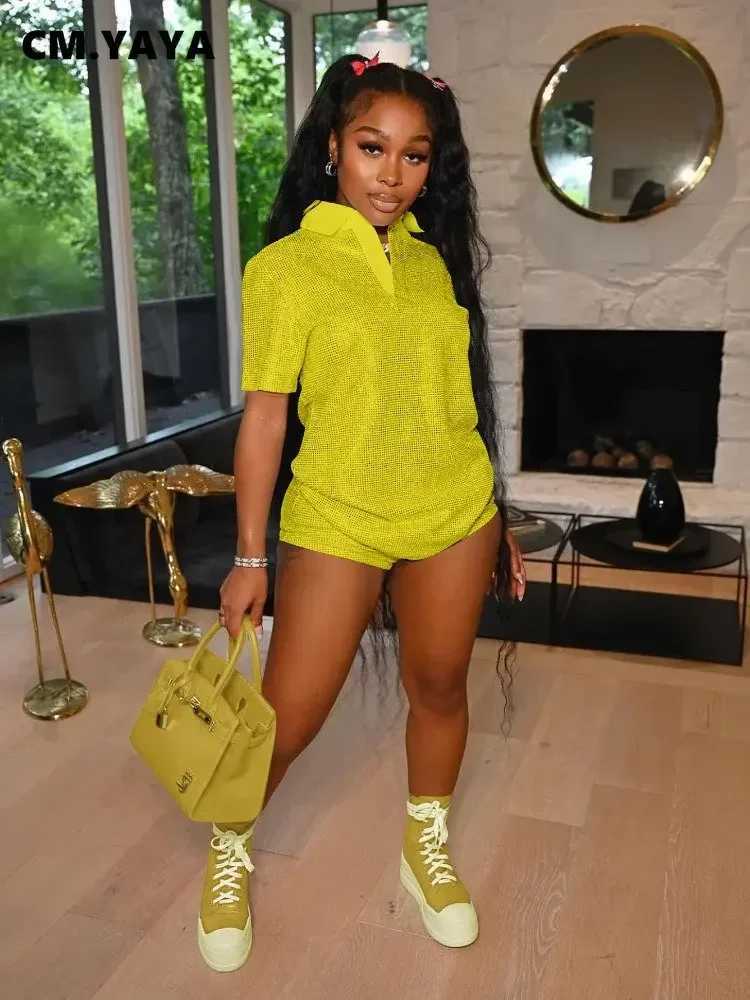Women's Two Piece Pants CM.YAYA Fashion Giliding Womens Set Short Slve Polo-collar T-shirt and Shorts 2023 Summer Two 2 Piece Set Outfits Tracksu