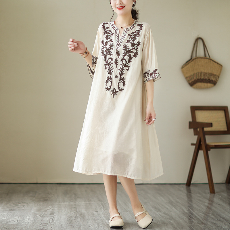 G826 Real shot linen embroidered dress summer loose large size short-sleeved cotton and linen bottoming skirt women's mid-length