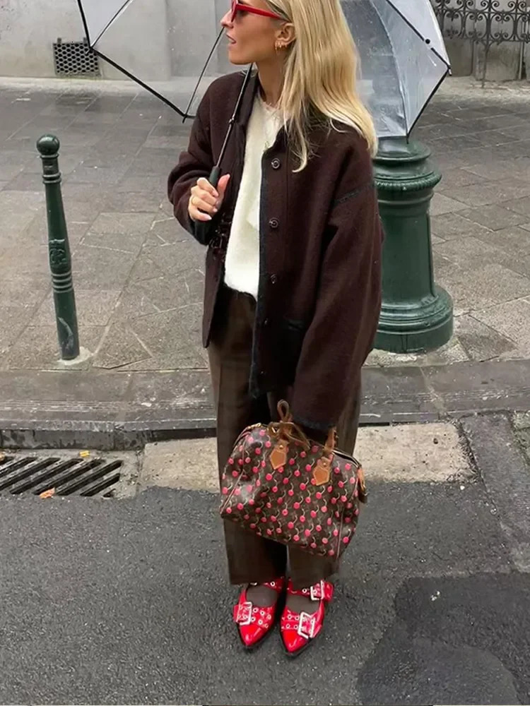 Retro Chocolate Stand Collar Wool Blend Coat Women Chic Single Breasted Long Sleeve Pocket Jacket Lady Commute Streetwears 241213