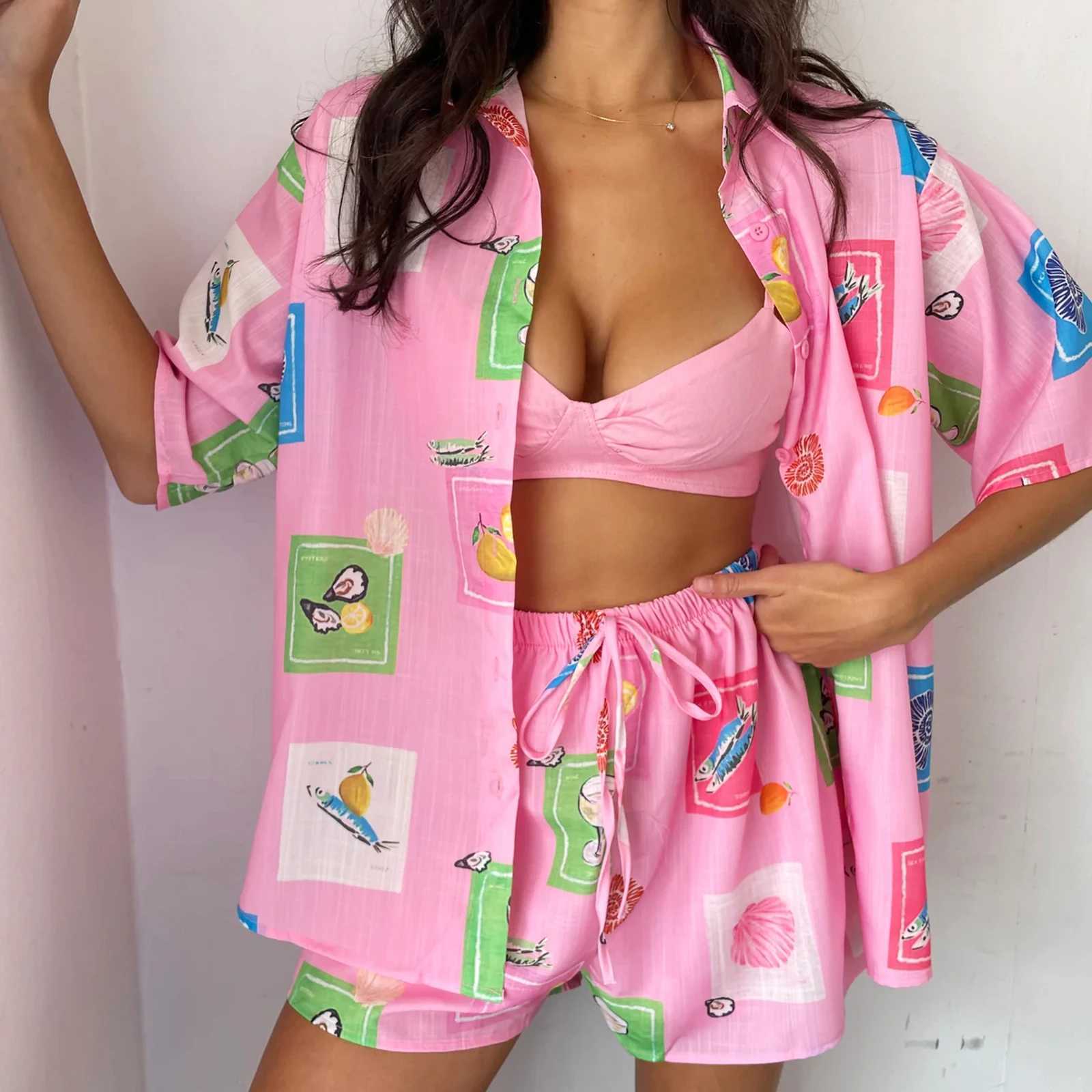 Women's Two Piece Pants Hirigin Women Summer Pajama Set Cute Short Slves Button Shirt and Elastic Shorts for 2 Piece Loungewear Soft Slpwear Y241