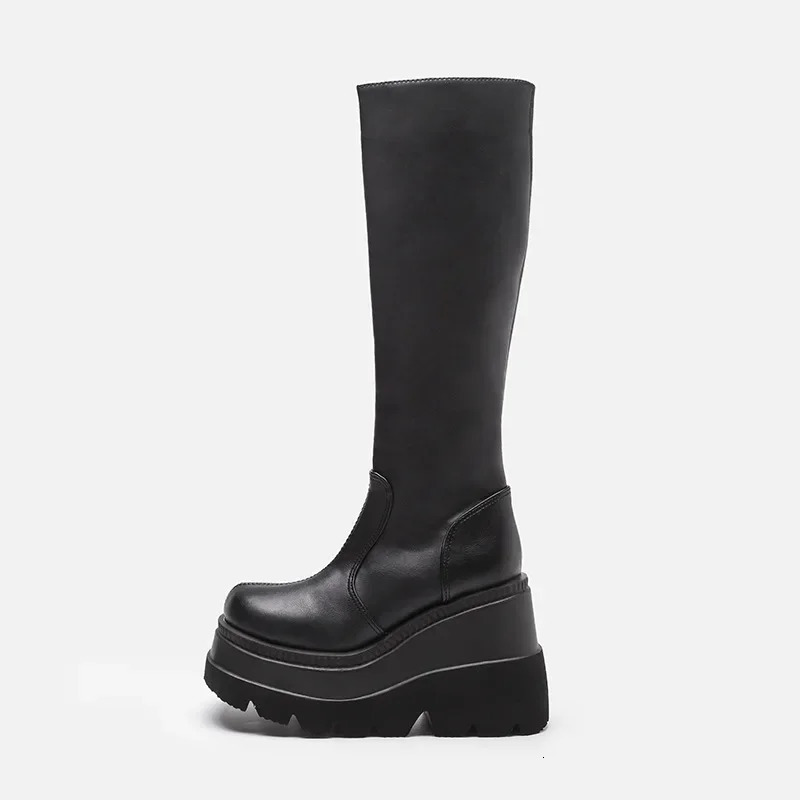 Fashion wedge heel mid tube boots for women Gothic thick soled motorcycle riding boots ultra-thin high platform denim boots 241213