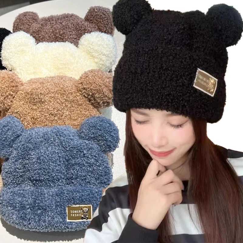 Cute Winter Plush Beanie Cap for Women Bear Ear Knitted Wool Hat Female Girls Solid Color Thicken Lamb Fleece HatsXJ241213