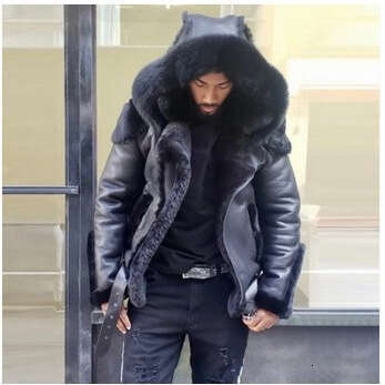 Men's Faux Leather And Plush Thickened Fur One-Piece Short Zipper Hooded Men's Coat
