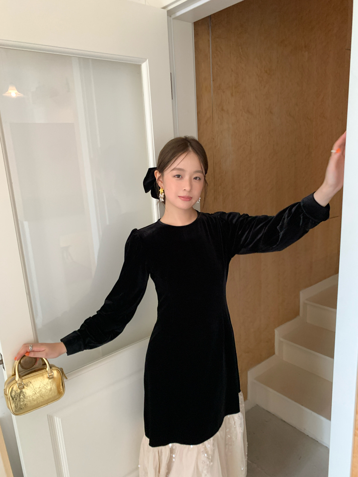 U108 Autumn Ladies Light Luxury High-end Splicing Velvet Dress for Women