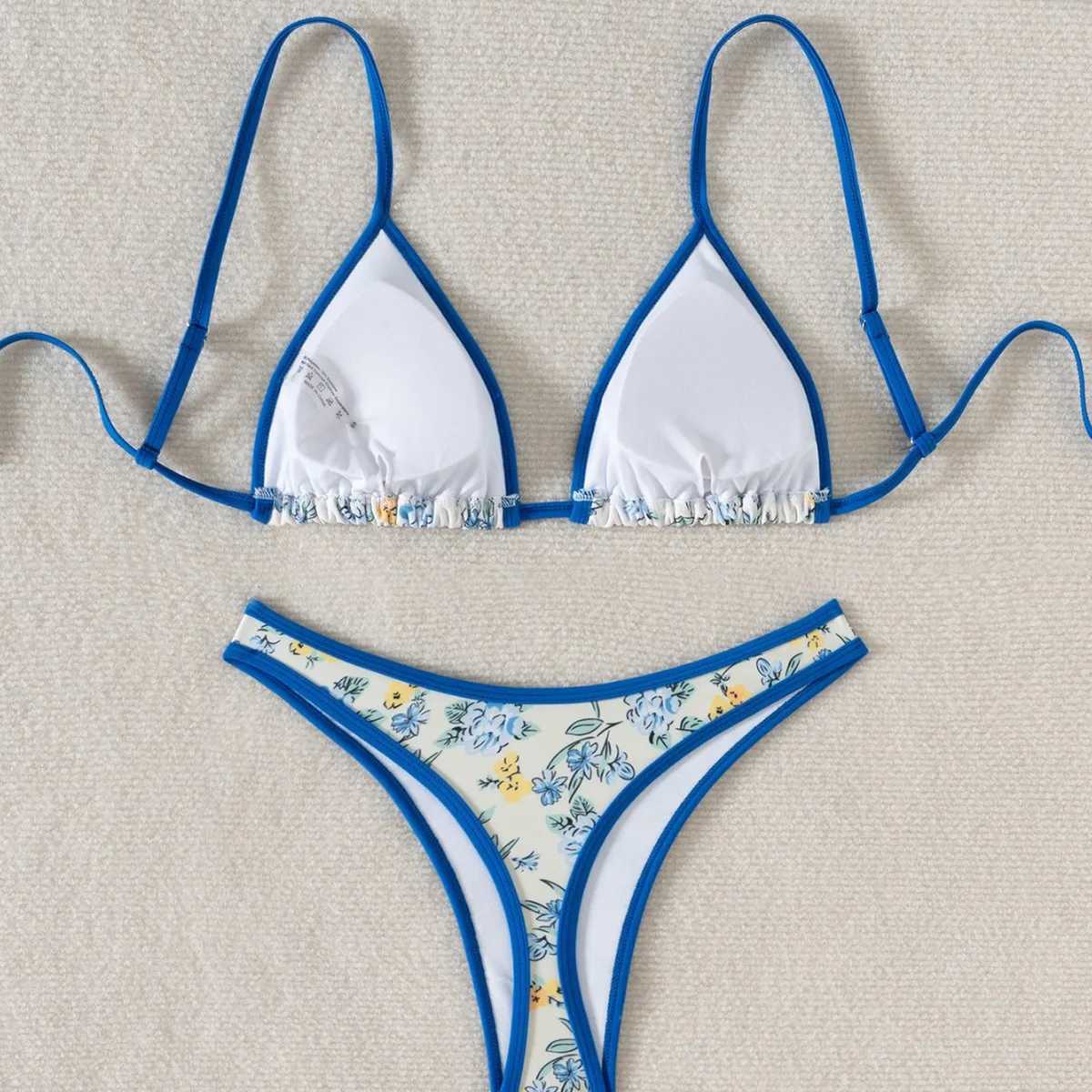 Roupas Finina Spliced Floral Swimwear 2024 Woman New Triang Cup Bikinis Sets Beach Sty Swimwear Lace Up Chic Bikini BK1399XJ241212