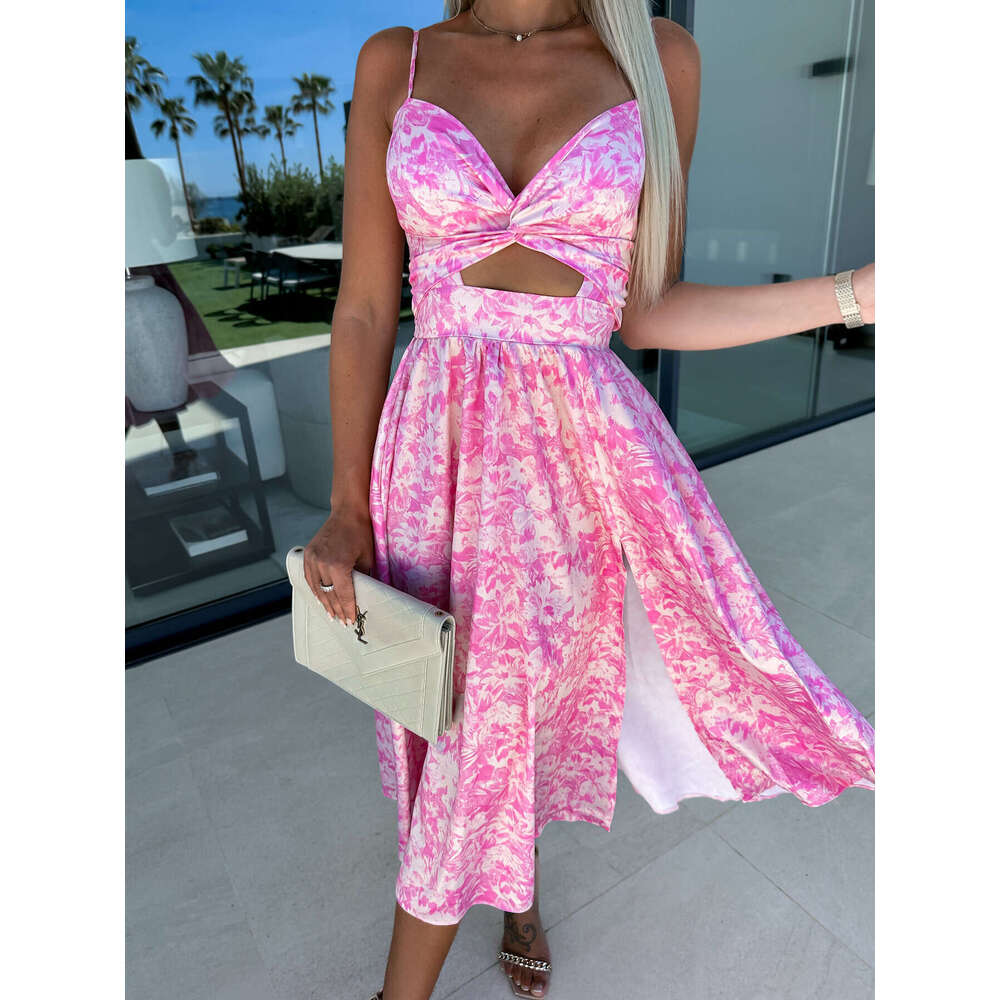 Women's New Solid Color Deep V Hollow Out Large Swing Skirt With Split Straps Sexy High Waisted Dress, Fashionable Quality Classic