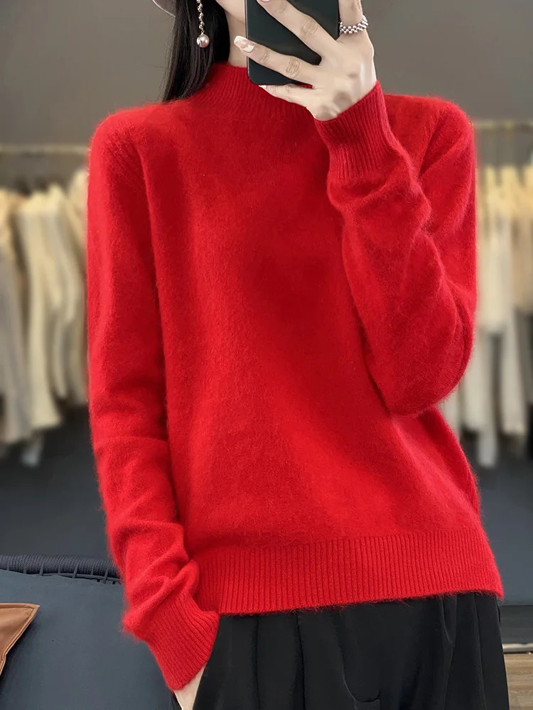 100 mink cashmere sweater for women half high collar floral long sleeved knitted fashionable autumn womens clothing 241212