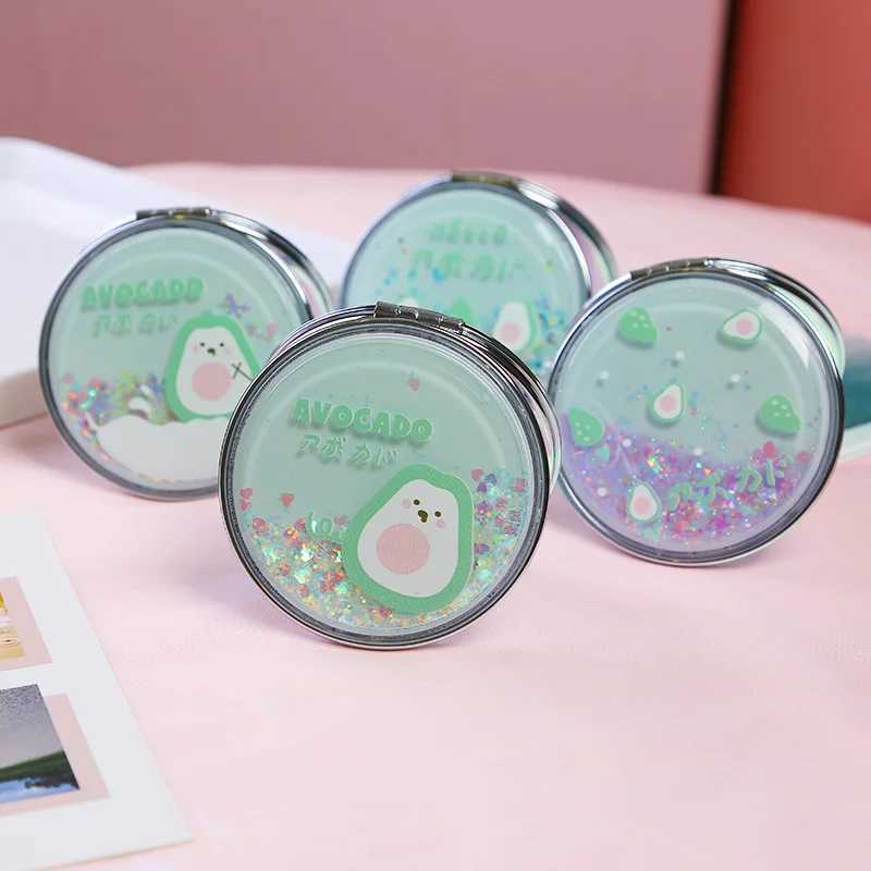 TSHOU884 Portable Double-Sided Folding Cosmetic Mirror Girl Gift Flowing Sparkling Sand Mini Avocado Makeup Mirror CompactXJ241213