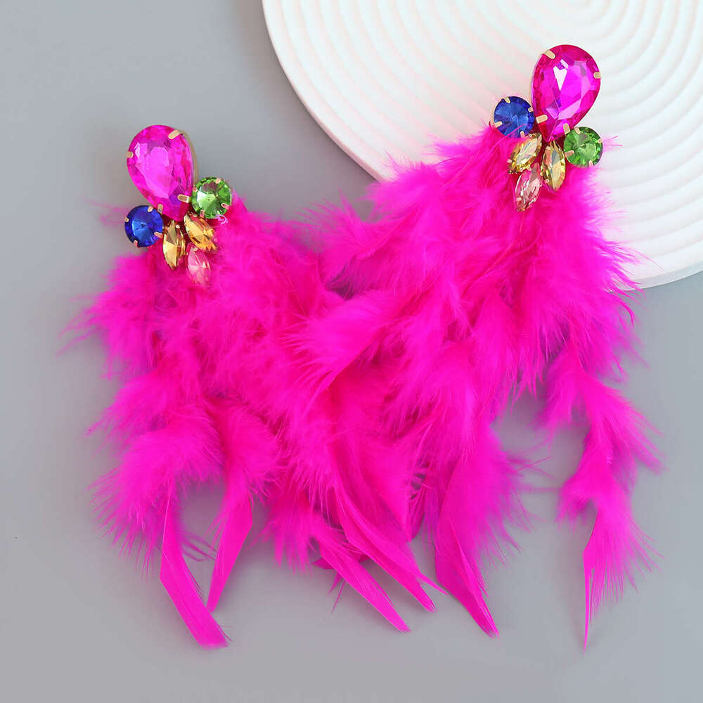 Long feather earrings, women's alloy dia inlaid ral tassels, artistic Bohemian jewelry