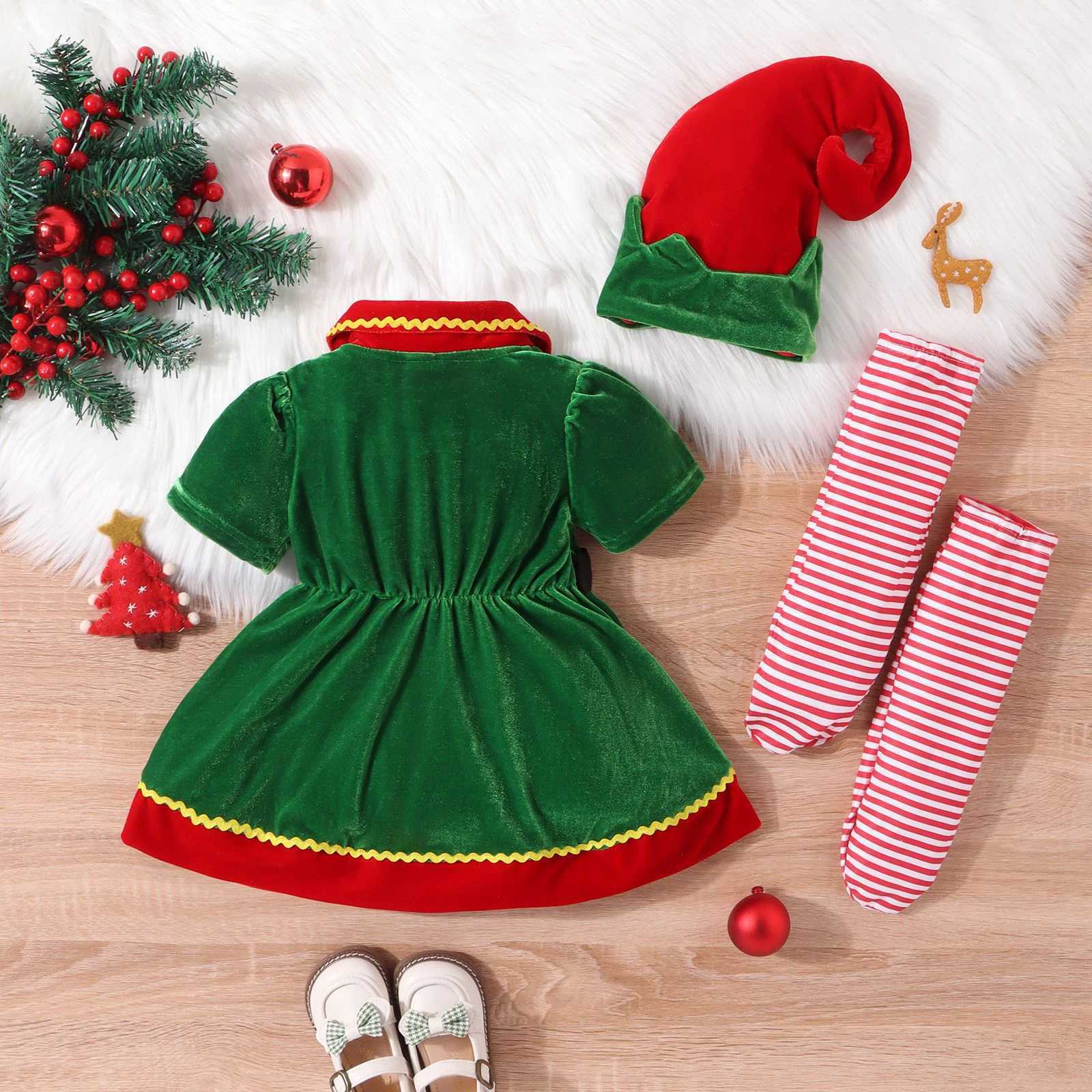 BeQeuewll Preschool Girls Christmas Elf Costume Contrast Color Short Sleeve Doll Collar Dress Hat and Striped Sock Set W241213