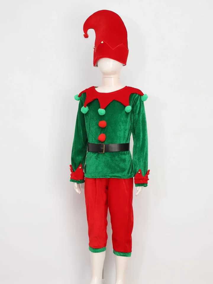 2-12 Yrs Kid Deluxe Christmas Elf Costume 7 Pieces Green Red Elevs Suit Top+Pants+Socks+Hat+Belt+Shoes Covers+Ears Santa Uniform W241213
