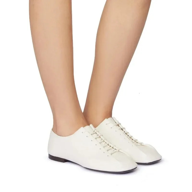2024 Spring/Autumn Leather Shoes for Womens Casual Lace Flat Top Single Shoes Square Toe Solid Color Loafers Office Womens Shoes 241213