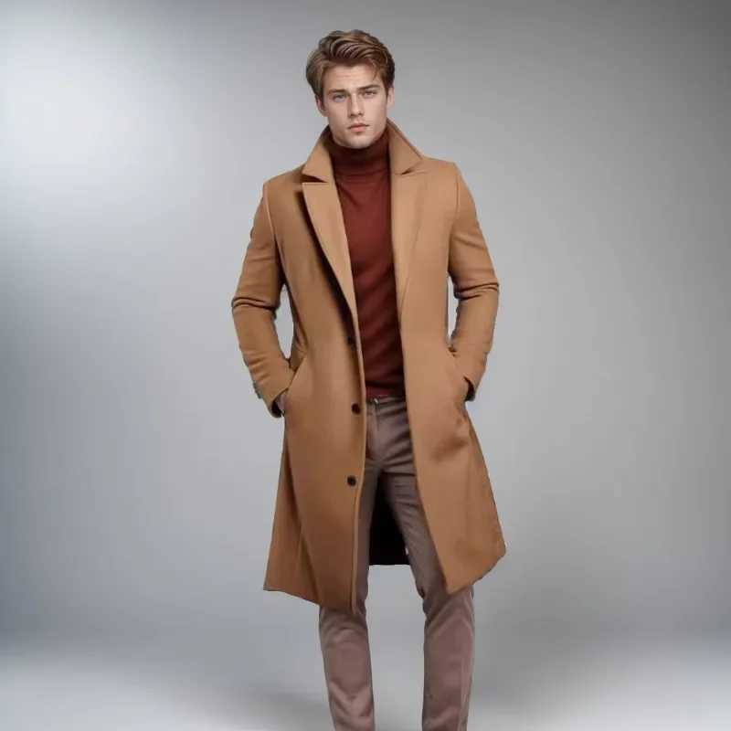 Mens Autumn Winter Long Woolen Coats Mens Business Casual Slim Solid Wool Windbreaker Jacket Street Trend Coldproof Warm OutwearXJ241212
