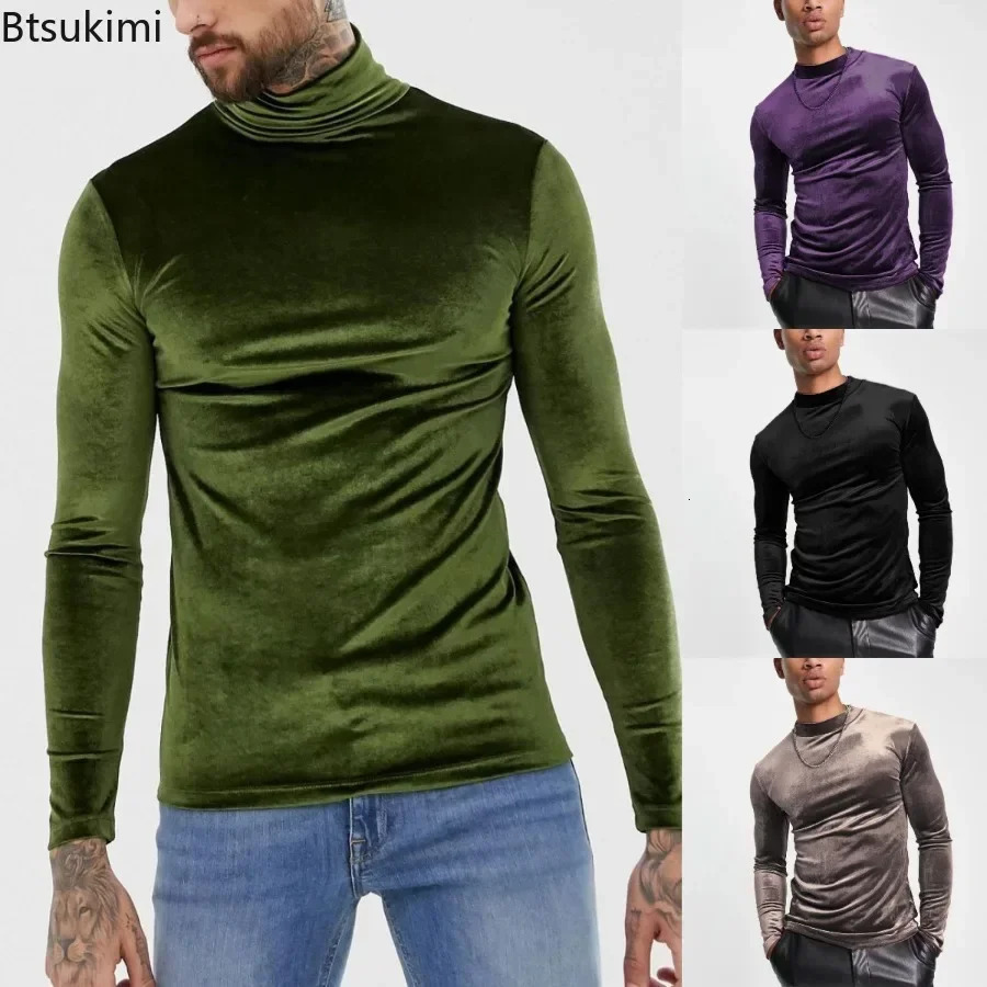 2025 mens casual turtle neck velvet floral top solid long sleeved T-shirt for spring and summer warmth mens basic T-shirt 241210