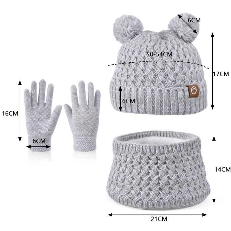 3Pcs Winter Kids Hat Set for Girls Boys Warm Knitted Children Beanie Scarf Gloves Fleece Lining Pompom Children Cap 4-10YXJ241213