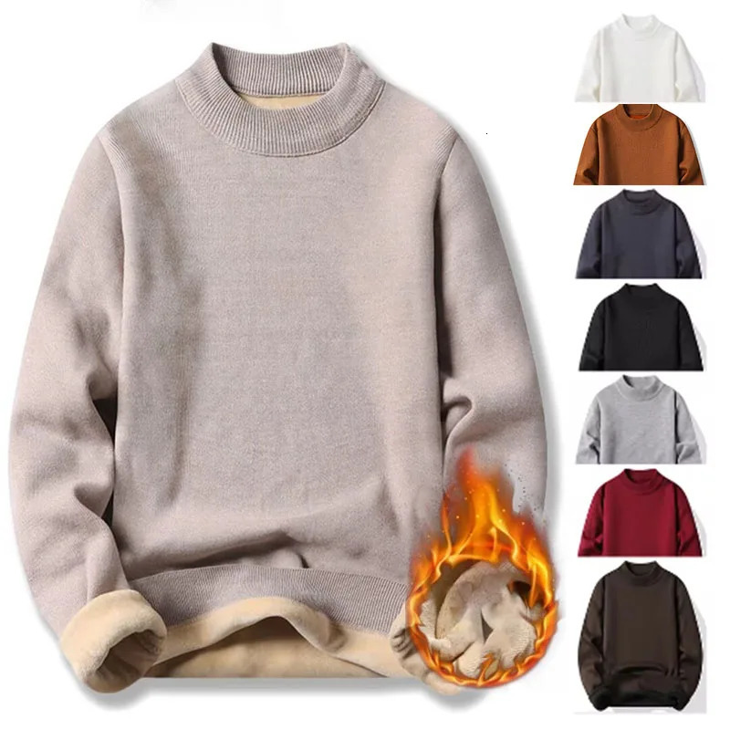 autumn and winter mens thick warm round neck sweater with wool lining solid color knitted casual base 241213