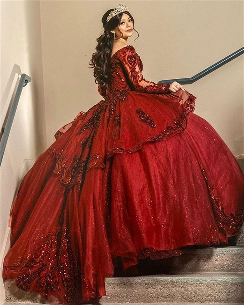 Princess Long Sleeve Quinceanera Dresses Lace Appliques Beaded Burgundy Ball Gown Palace Boutique Sweet 16 Dress 2025 Prom Special Occasion Gowns
