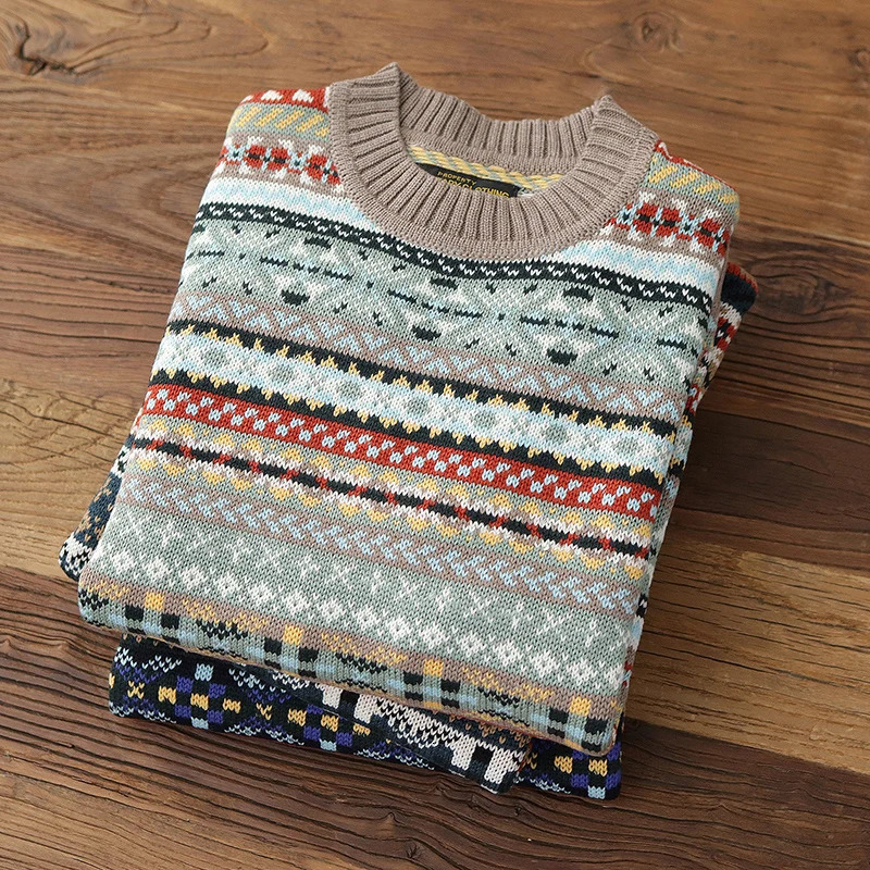 Autumn And Winter British Vintage Jacquard Fair Isle Mens Pullover Oneck Long Sleeve Sweater Loose Fashion Casual Knitwear 241213