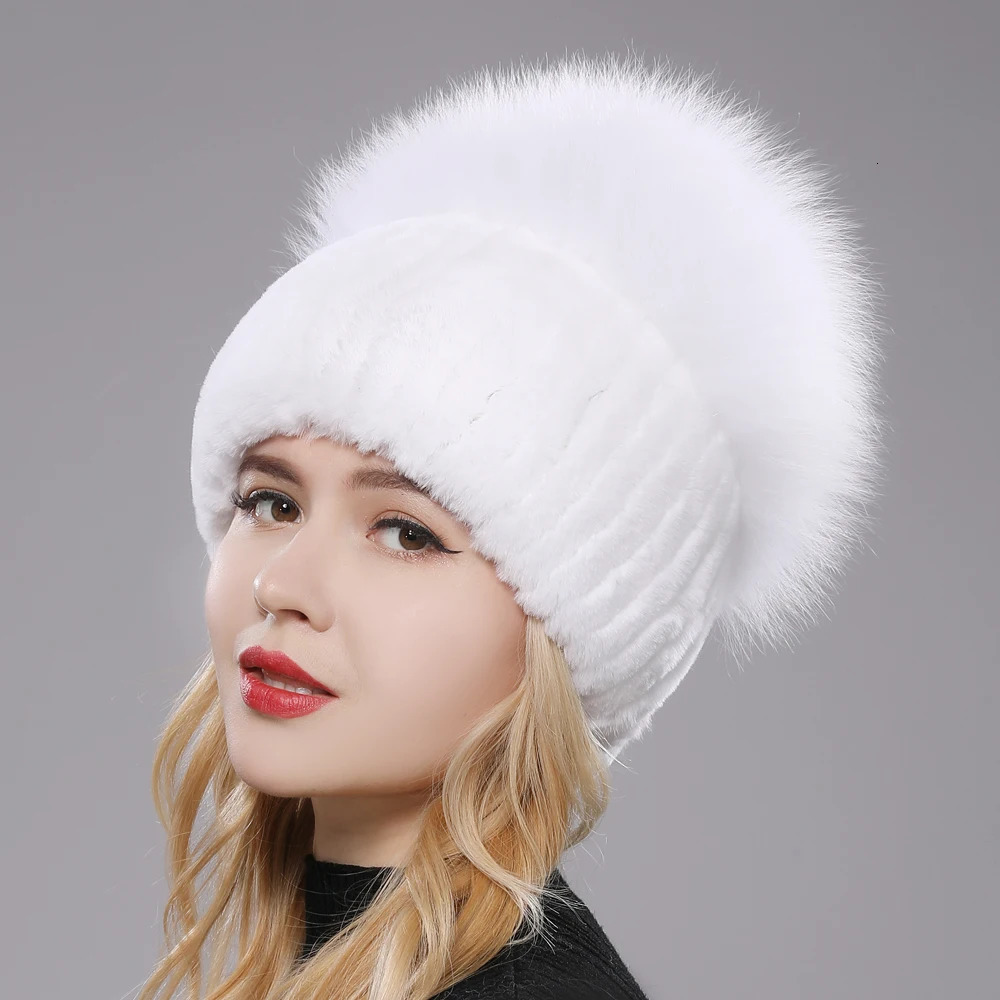 Russian Style Womens Genuine Fox Fur Hat for Girls Natural Genuine Rex Rabbit Fur Skull Hat Knitted Winter Genuine Fur Hat 241205
